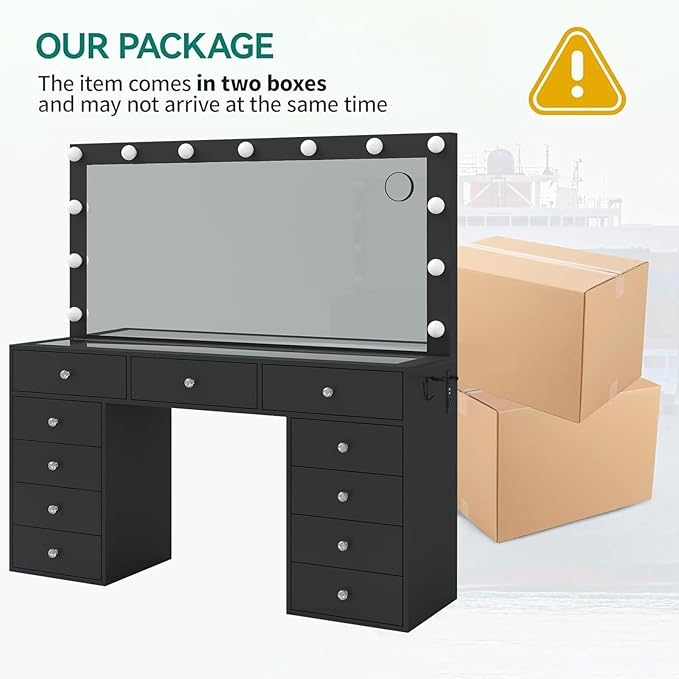 11 Drawers Makeup Vanity with Charging Station, Vanity Desk with 13 LED Bulbs and HD Mirror, 3 Color Brightness Adjustable, Glass Top Vanity Set for Bedroom, Black