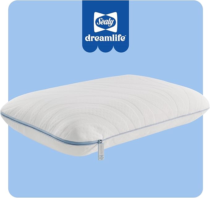 SEALY Dreamlife Queen Size Memory Foam Cooling Surface Guard Technology, Removable Machine-Washable Cover, 1 Year Warranty, White Pillow