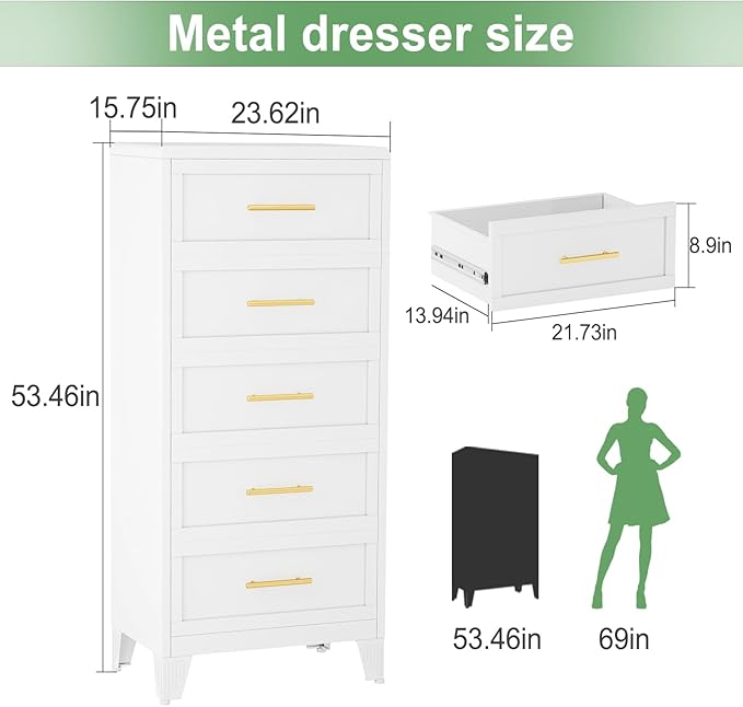 Metal Dresser Tall Narrow Dresser for Bedroom Chest, 53.46" H Drawer Chest, Closet Dressers & Chests of Drawers for Living Room, Hallway (5 Drawers White 24inch Wide)