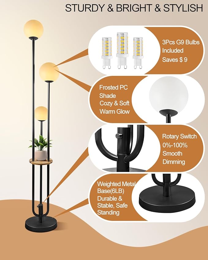 Lightdot Full Dimmable Floor Lamp for Living Room 3-Globe Standing Lamp with Table Candle Holder Style Black Tall Lamps for Bedroom Office Cafe with 3000K Soft Warmwhite Bulbs Included