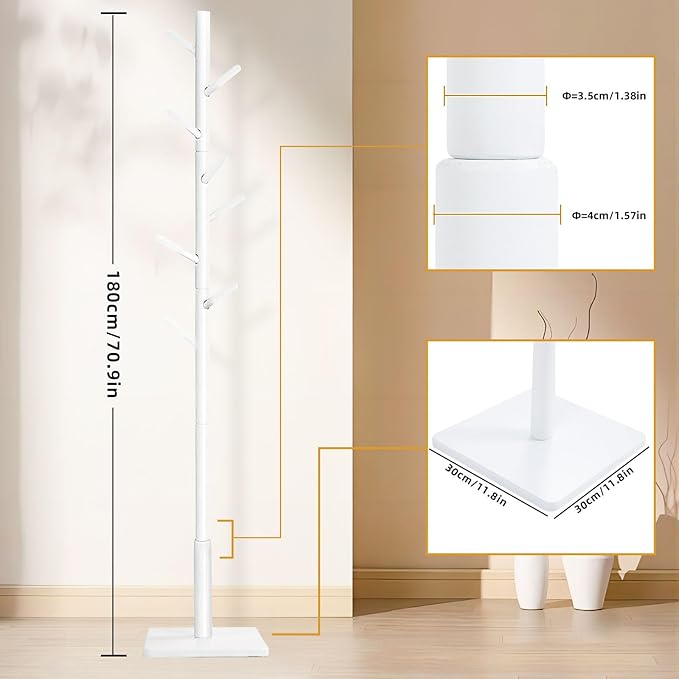 Coat Rack Freestanding with Stable Square Base for Cloathes, Hat, Used in Bedroom, Office and Entryway, Sturdy and Easy Assembly Coat Tree with 3 Adjustable Sizes and 8 Hooks, White