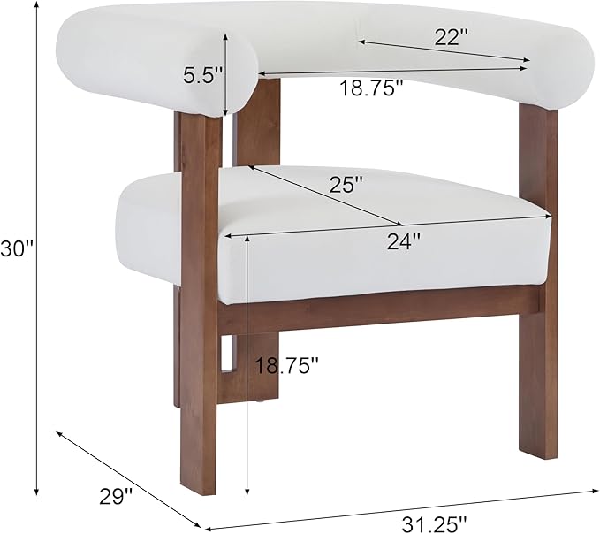 Christopher Knight Home Modern Velvet Upholstered Accent Chair for Living Room, Home Office, Apartment, Arm Chair with Curve Backrest and Birch Wood Legs, Three Legs Structure, White and Brown