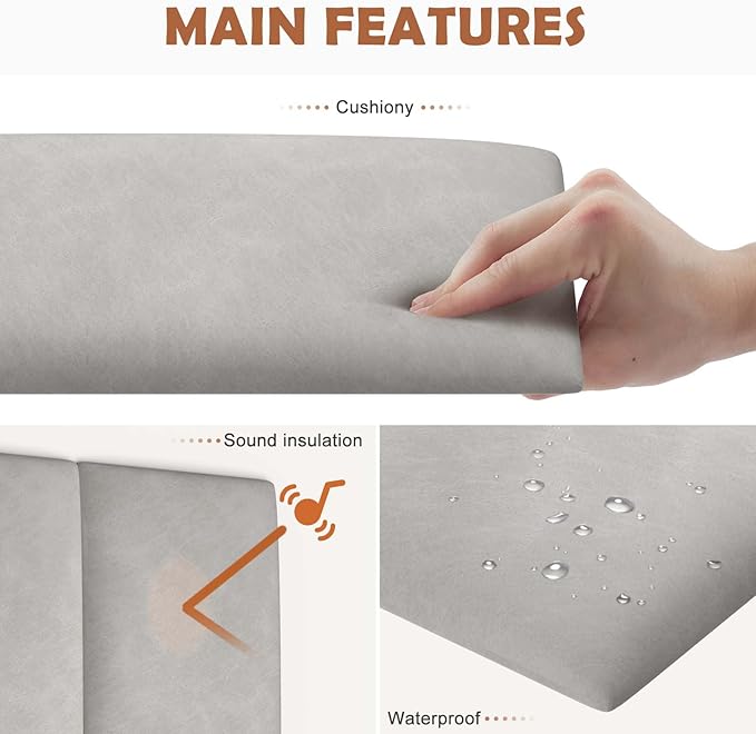 IFNOW Wall Mounted Upholstered Headboard Queen, 3D Peel and Stick Soundproof Panels, Reusable and Removable Padded Leather Bed Headboard, 9 Panels 9.84" x 23.62", Light Grey