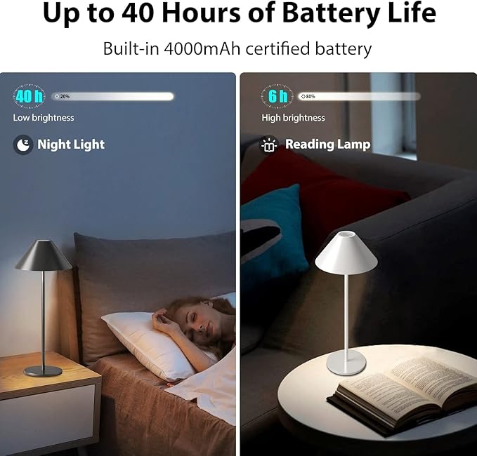 Modern LED Rechargeable Cordless Table Lamp, IP54 Waterproof, Dimmable Battery Operated Lamp, 4000mAh Certified Battery, 3000K Portable Bedside Lamp, Pack of 2 (Black)