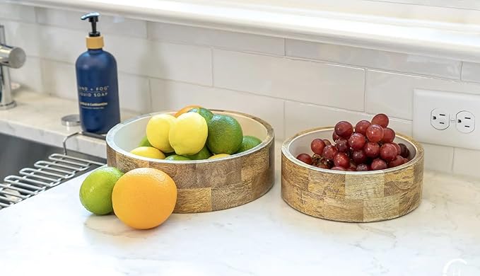 ARTISAN TOUCH Handcrafted Wooden Serving Bowls Set of 3 with White Inner – Solid Wood Salad Fruit Snack Bowls Food-Safe Finish