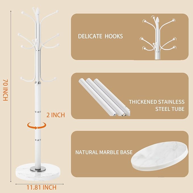 Metal Coat Rack Stand, Modern Freestanding Coat Rack with Natural Marble Base, White Coat Racks and Coat Hall Tree Hanger Stand with 12 Hooks for Entryway, Hallway, Office
