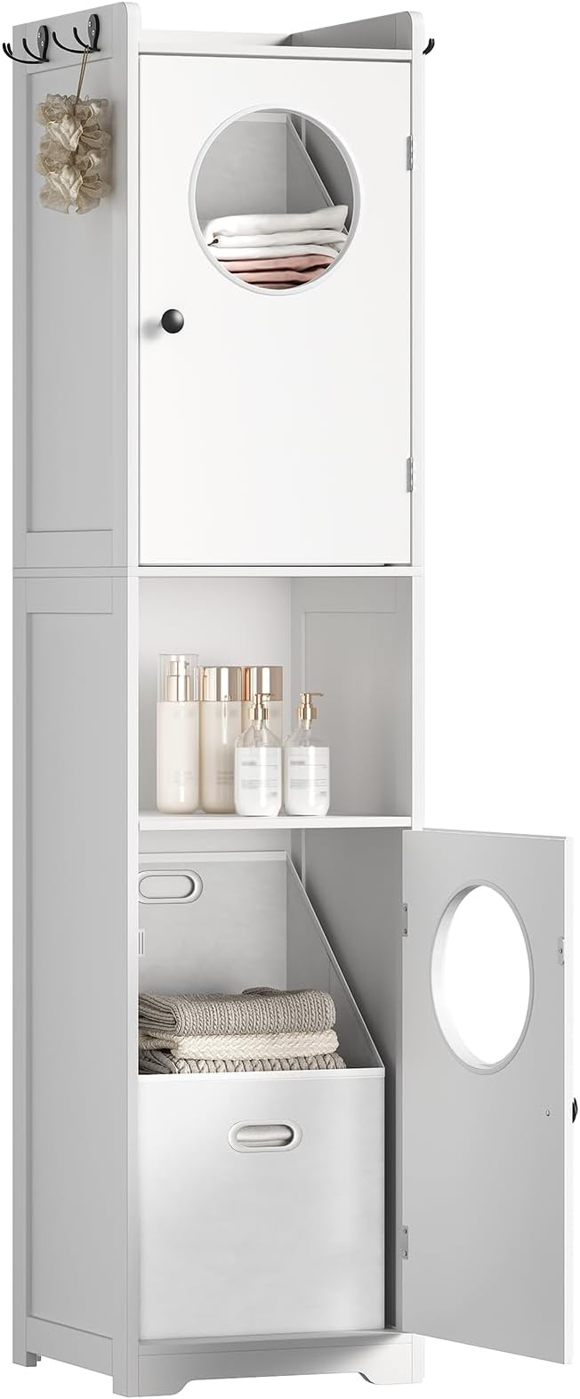 Laundry Hamper Cabinet, Tall Bathroom Storage Cabinet with 2 Removable Laundry Storage Baskets, Hidden Laundry Hamper with 2 Doors and Double Clothes-Toss Round Holes for Bathroom, White