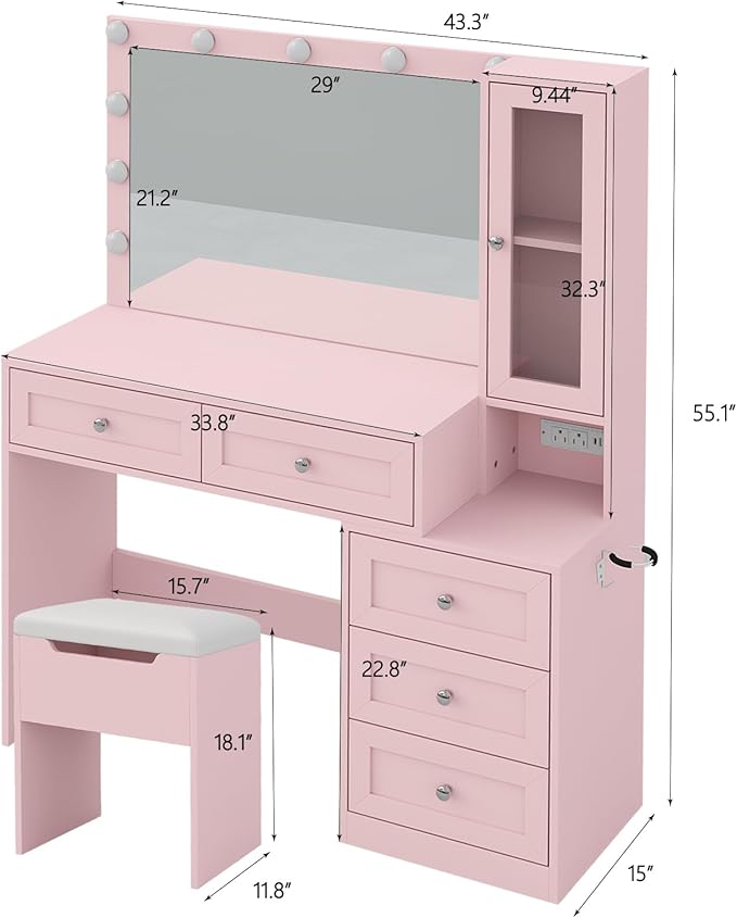 43" W Vanity Desk with Mirror & 11 Lights,Modern Makeup Desk with 5 Drawers & Cushioned Stool,3 Lighting Modes Brightness Adjustable,Power Outlet,Bedroom Dressing Table, Pink