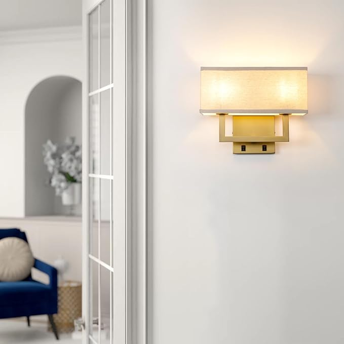 Yosoan Linen Fabric Boho Wall Sconce Bedside Light with On Off Switch, 2-Light Brass Finished Hardwired Vintage Industrial Dual Wall Mount Lamp Square Shade for Bedroom Living Room Stairwell(Antique)