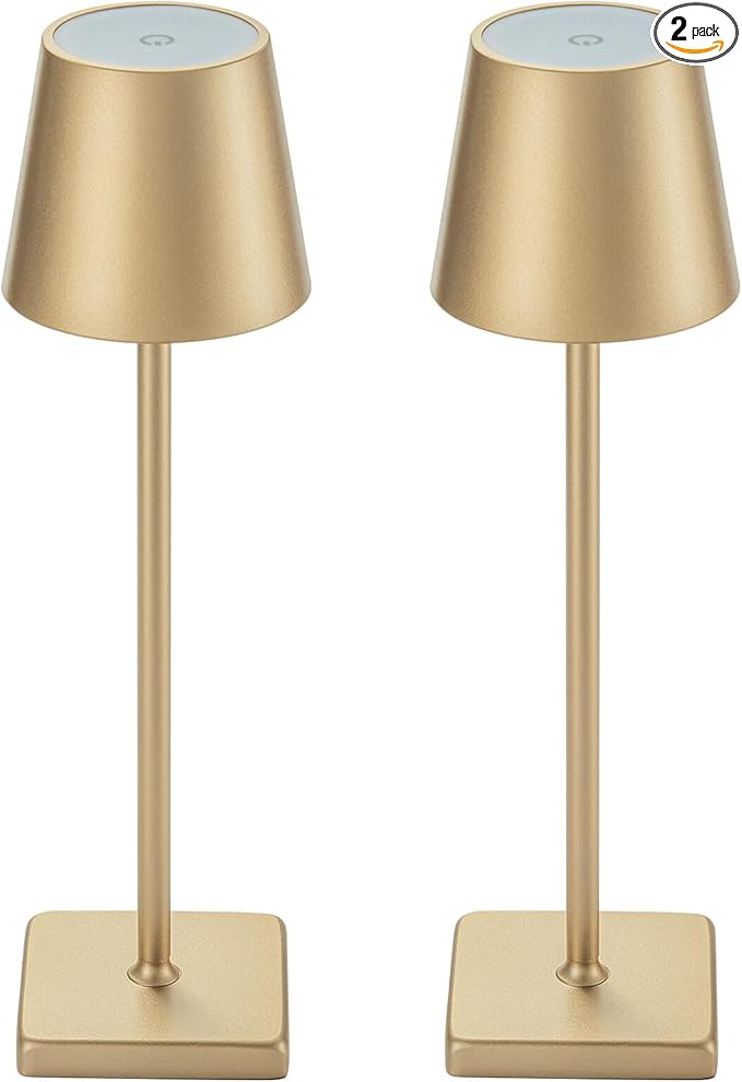 2 Pack Rechargeable Cordless Table Lamps, 5200mAh Battery Touch Table Light, Aluminum Shell Stepless Dimmable Portable LED Desk Lamp for Dinner/Restaurant/Outdoor Gold