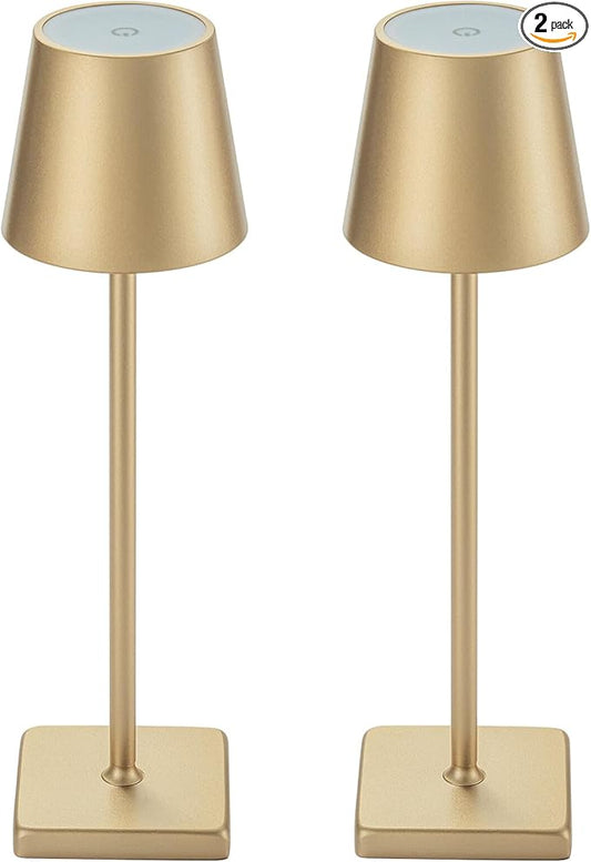 2 Pack Rechargeable Cordless Table Lamps, 5200mAh Battery Touch Table Light, Aluminum Shell Stepless Dimmable Portable LED Desk Lamp for Dinner/Restaurant/Outdoor Gold