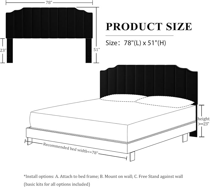 King Size Headboard Only, Velvet Wall Mounted Headboard King for Adjustable Bed Modern Upholstered Head Board Easy Assembly, Black