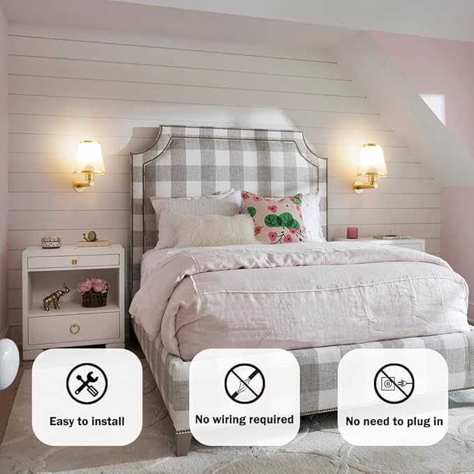 Battery Operated Wall Sconce Set of 2, Gold Rechargeable Wall Lights with Real 2500mAh Dimmable Retachable Bulbs and Remote,12RGB Colors Wireless Battery Sconces for Bedroom Living Room Hallway