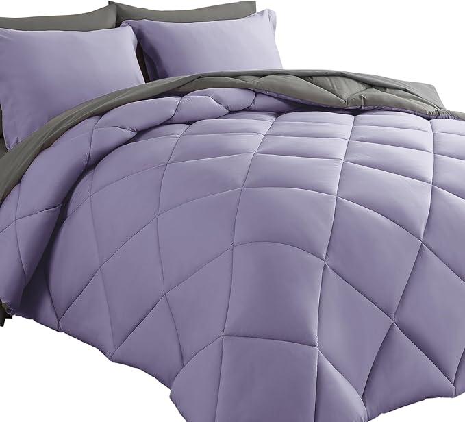 Cosybay Bed in a Bag King Reversible Comforter Sets 7pcs All Season Down Alternative Bedding Sets Lavender and Grey with Comforter, Pillow Shams, Flat Sheet, Fitted Sheet and Pillowcase
