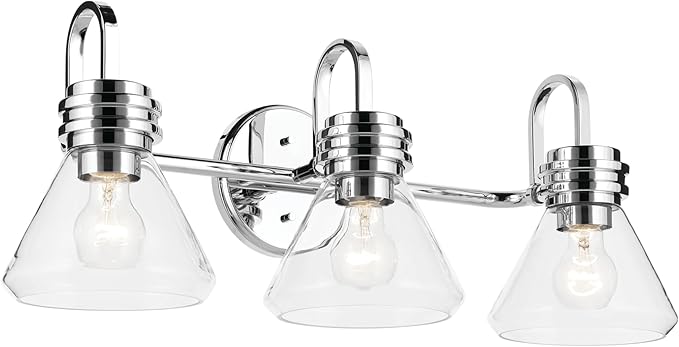 Kichler Farum 26" 3-Light Vanity Light with Clear Glass in Chrome, for Single or Double Vanity, Over a Mirror, Powder Room, Bathroom, (26" W x 9.5" H), 55155CHCLR