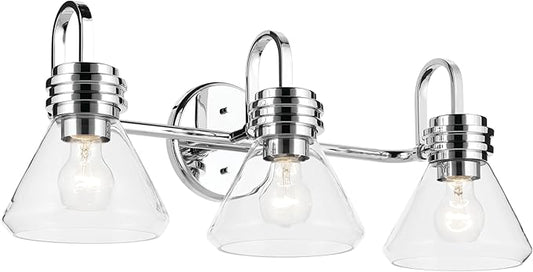 Kichler Farum 26" 3-Light Vanity Light with Clear Glass in Chrome, for Single or Double Vanity, Over a Mirror, Powder Room, Bathroom, (26" W x 9.5" H), 55155CHCLR
