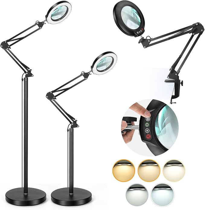 Drdefi 10X Magnifying Glass with Light and Stand, 3-in-1 Adjustable Swing Arm Magnifying Floor Lamp, 5 Color Modes Stepless Dimmable LED Lighted Magnifier Lamp with Clamp for Craft Reading Close Work