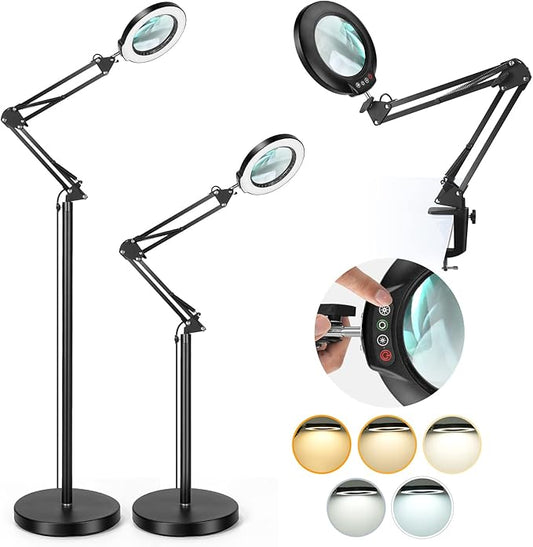 Drdefi 10X Magnifying Glass with Light and Stand, 3-in-1 Adjustable Swing Arm Magnifying Floor Lamp, 5 Color Modes Stepless Dimmable LED Lighted Magnifier Lamp with Clamp for Craft Reading Close Work