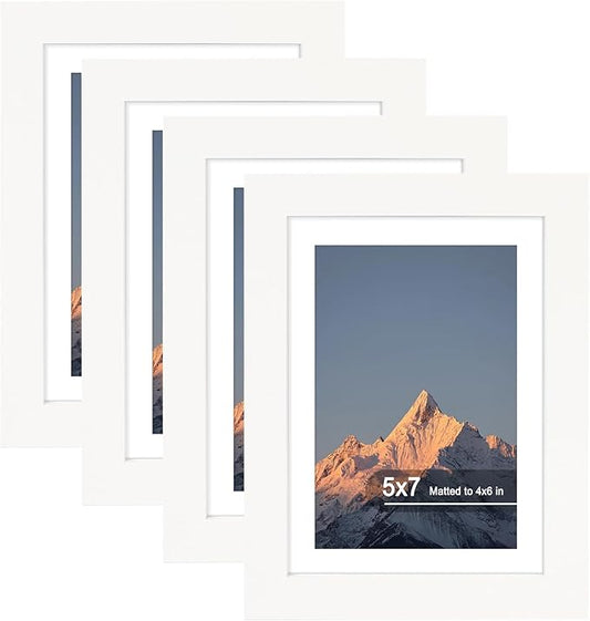 5x7 Picture Frame Set of 4, High Definition Real Glass, Display Pictures 4x6 with Mat or 5x7 Without Mat, Gallery Wall Hanging or Tabletop Photo Frames, White