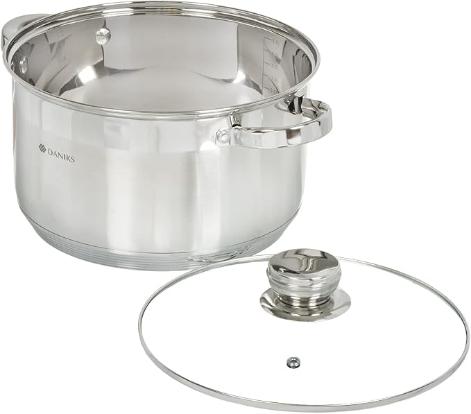 Daniks Standard Stainless Steel Stock Pot with Glass Lid – Induction 4 Quart, Dishwasher Safe, Measuring Scale, For Soup, Pasta, Stew, Silver