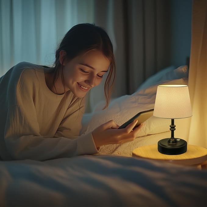 ONEWISH 2 Pack Small Cordless Lamp, Battery Operated Table lamp Dimmable, 4000mAh Rechargeable, Touch Bedside Lamp with White Fabric Shade, 2700K Bulb Included, for Dining, Patio, Bathroom(Black)