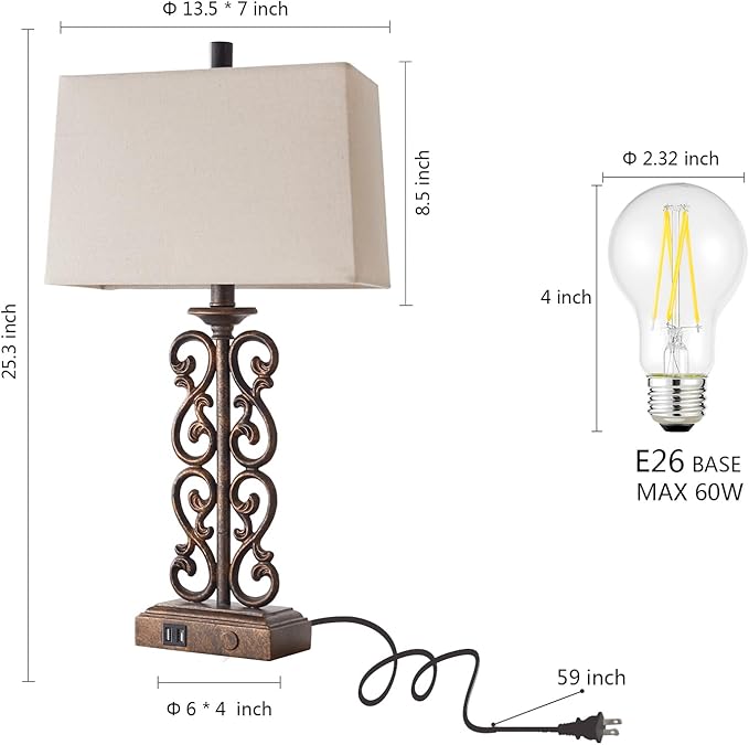 Set of 2 Farmhouse Touch Table Lamps for Living Room, 3 Way Dimmable with Dual USB Ports Vintage Rustic Bedside Desk Lamp, for Bedroom End Table, 2 LED Bulbs Included (Bronze)