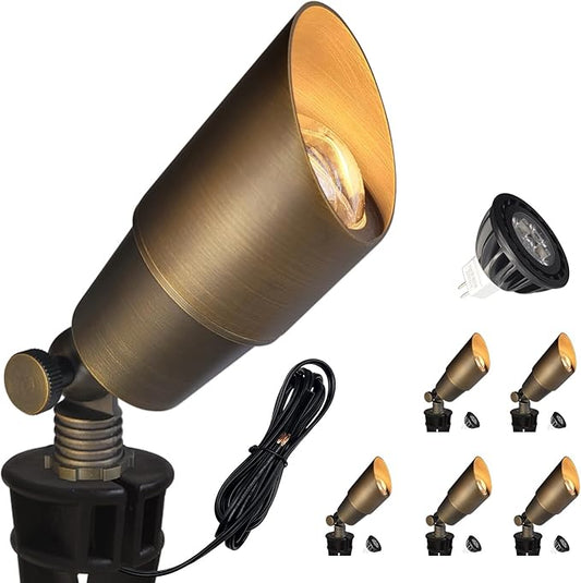 COLOER Brass Landscape Spotlights, 6 Pack Spot Lights Outdoor with 5W Aluminum Housing MR16 LED Bulb 2700K 450LM, 12V AC/DC Low Voltage Outdoor Lighting for Yard, Uplight for Garden and Patio(101B)