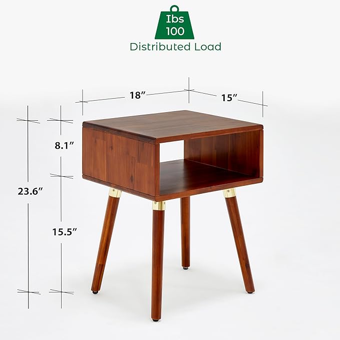 Bme Dinkee Solid Wood Nightstand, Fully Assembled, Without Drawer for Mid Century Bedroom and Living Room, Dark Chocolate