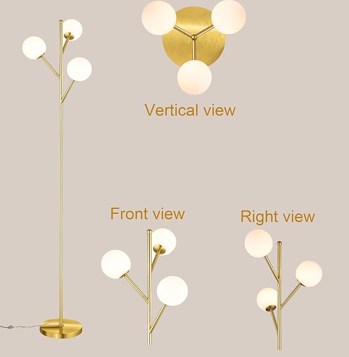 Globe Mid Century Tree Floor Lamp with 3 Light Bulbs,70in Tall Standing Glod Floor Lamp with Frosted Glass Shade for Living Room,Office,Bedroom, Study Room, Hotel, Antique Brass Lighting