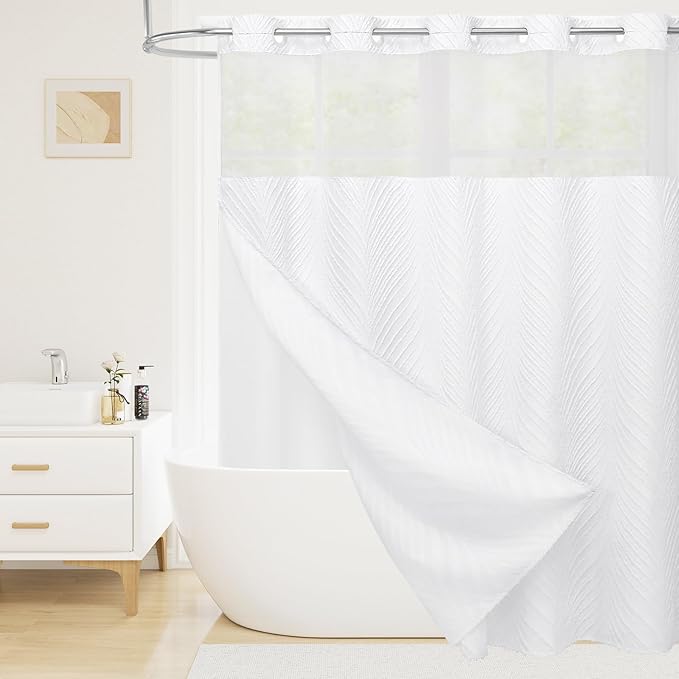 No Hook Boho White Shower Curtain and Liner Set, Modern Fabric Shower Curtain with Snap in Liner, Tufted Style with See Through Top Window Shower Curtains for Luxury Bathroom Decor, 72x74