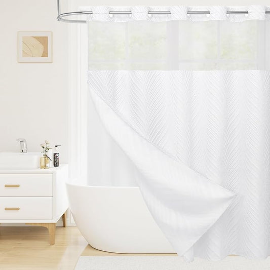 No Hook Boho White Shower Curtain and Liner Set, Modern Fabric Shower Curtain with Snap in Liner, Tufted Style with See Through Top Window Shower Curtains for Luxury Bathroom Decor, 72x74