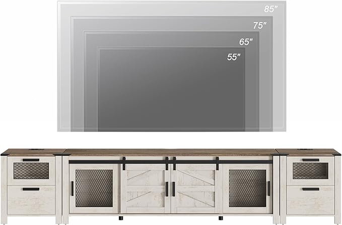 WAMPAT TV Stand Set for 85 inch TV with Charging Station, 3 in 1 Wood Entertainment Center TV Console Table for Living Room, Antique Oak