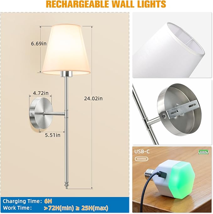 NIORSUN Battery Operated Wall Sconce Set of 2,Brushed Nickel Rechargeable Wall Lights with 5200mAh Dimmable Detachable Bulbs and Remote, 10 Colors Wireless Sconces for Bedroom Living Room Hallway