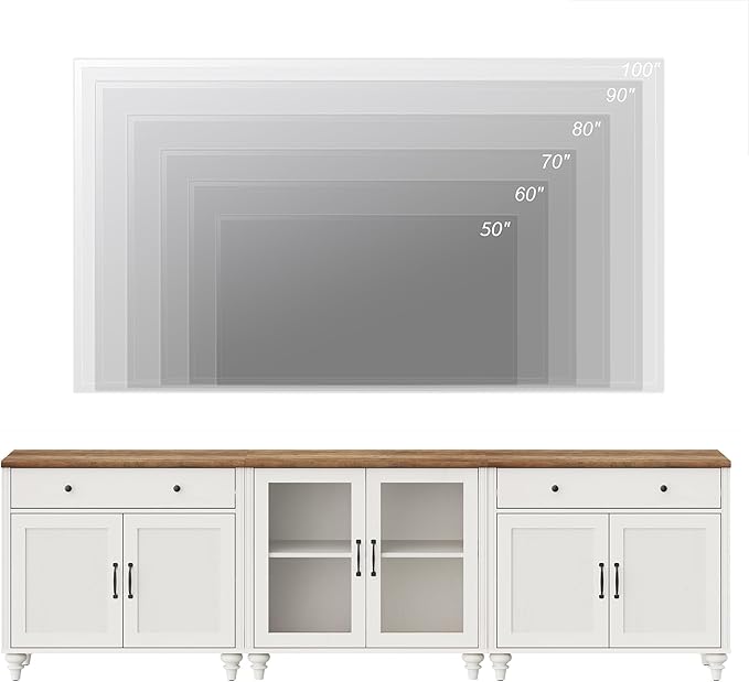 WAMPAT Farmhouse TV Stand for 100 Inch TV, 3-in-1 TV Console Table for 75/80/85/90 Inch TV, Entertainment Center with Glass & Wood Door, Kitchen Sideboard Buffet Cabinet for Dining Room, White
