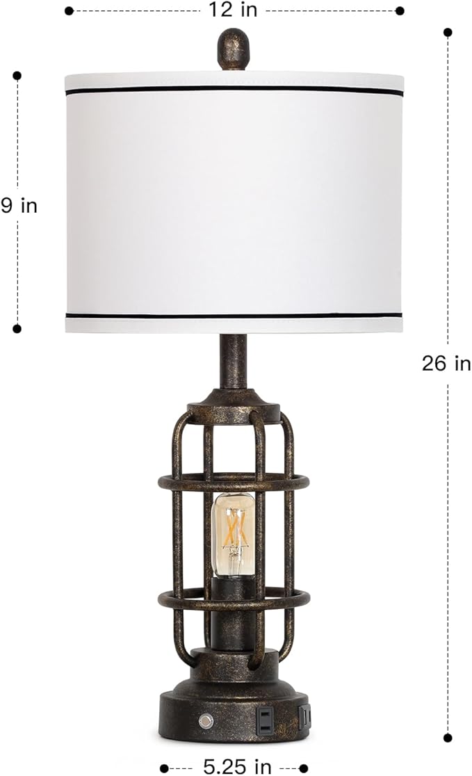 26" Vintage Industrial Table Lamps Set of 2, Farmhouse 3 Way Dimmable Touch Control LED Night Lights Table Lamp with USB A+C Ports & AC Outlet, Rustic Retro Beside Nightstand Lamp for Bedrooms Bronze