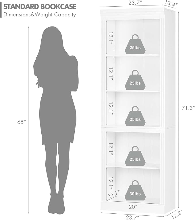 Spirich 5 Tier White Bookshelf, Tall Bookshelf with Storage, Open Wooden Book Shelf, Modern Large Bookcase for Living Room, Home Office, Dinning Room