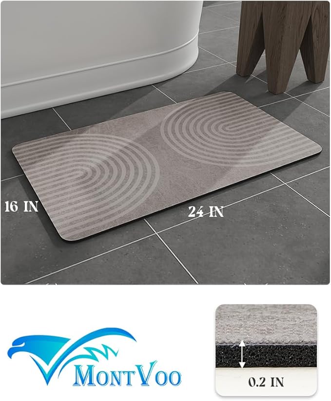 MontVoo -Bath Mat-Non Slip Thin Bathroom Rugs Fit Under Door- Quick Dry Absorbent Faux Suede Surface Grey Bathroom Floor Mats-Shower Rug for in Front of Bathtub Shower Grey & Beige 16x24