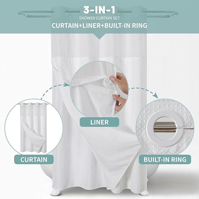 Stall White No Hook Waffle Weave Shower Curtain with snap-in Liner Replacement, 230GSM Waterproof Fabric Hotel Shower Curtain Set for Bathroom, Through Mesh Top Window,54Wx80H