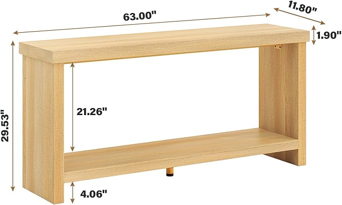 63 Inches Narrow Console Table, 2-Tier Long Sofa Tables Behind Couch Table, Farmhouse Foyer Tables for Entryway, Hallway, Living Room, Oak Natural
