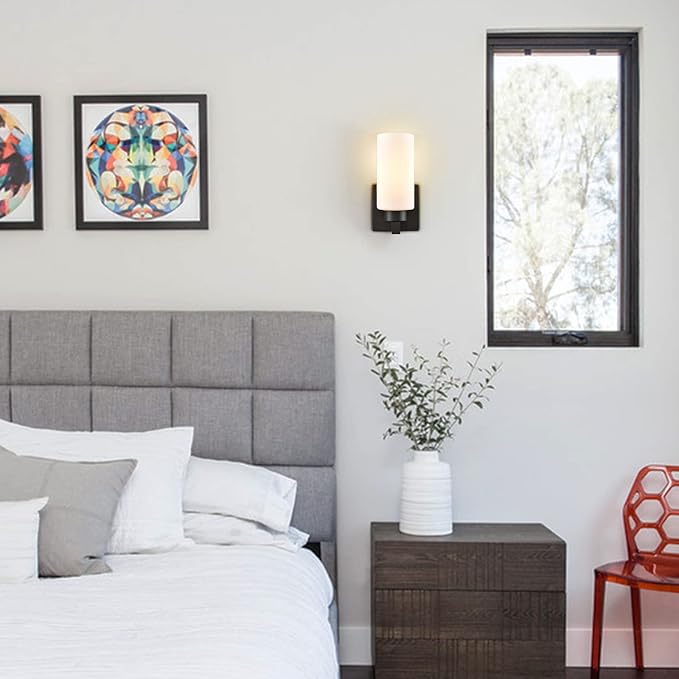 Bathroom Sconces Modern Black Wall Light Fixture Vanity Light Set of Two with Milky White Cylinder Glass Shade