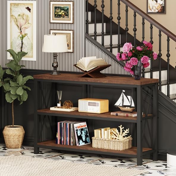 BON AUGURE Rustic Entryway Table, Farmhouse Hallway Table, Console Tables for Entryway, 3 Tier Sofa Tables for Living Room, Industrial Entry Table (47 Inch, Rustic Oak)