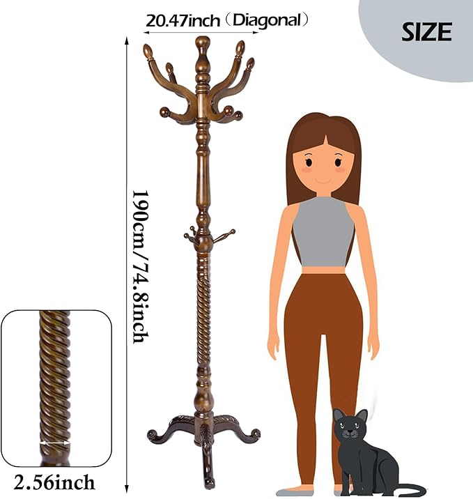 Coat Racks Free Standing with 11 Hooks, Natural Wood Coat Stands for Entryway, Adjustable Height 74 in Tree Coat Rack Stand for Hallway Home Office Bedroom (Brown Triangle)