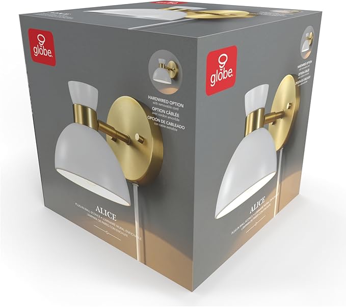 GLOBE Electric 65000099 1-Light Plug-in or Hardwire Wall Sconce, Matte Brass, Matte White Pivoting Metal Shade, 6ft Clear Cord, in-Line Rocker Switch, Wall Lights for Living Room, Bedroom, Den