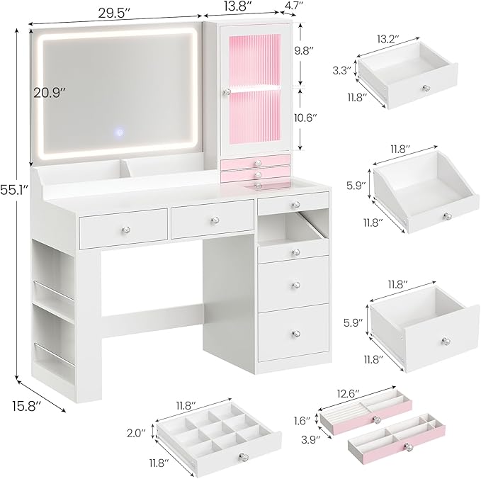Makeup Vanity Desk with Mirror and Lights & Large LED Cabinet, Vanity Table with 2 Jewelry Boxes, 6 Drawers, and Built-in Shelves, Dressing Table with Power Outlets for Women Girls Bedroom, White
