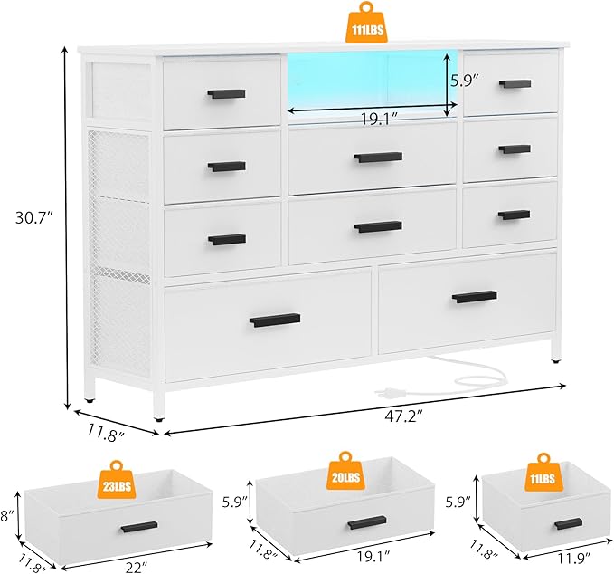 Dresser with Charging Station, White Dresser for Bedroom with 10 Drawers, TV Stand Storage with LED Light for 55" TV, Fabric with PU Finish, Morden Chest of Drawers for Bedroom, Closet