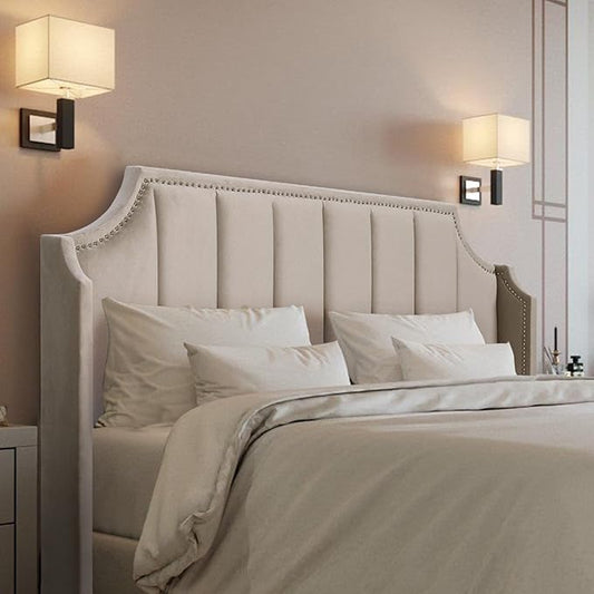 Lucky Monet Luxurious Headboard Only Queen Size with Wingback, Velvet Upholstered Tufted Headboard with Nailhead Decor for Bed, Adjustable Height Curved Head Board Vertical Channel Design (Beige)
