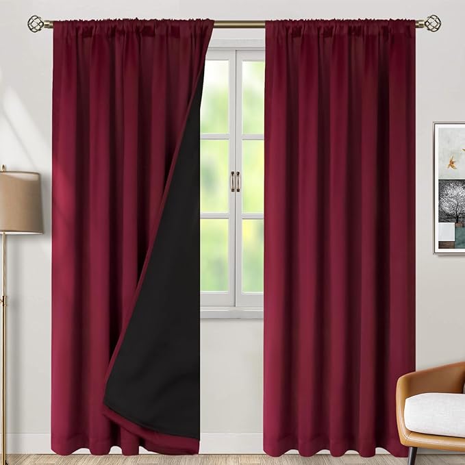 BGment 100% Blackout 80 Inch Curtains with Thermal Insulation Liner, Rod Pocket and Back Tab Double Layer Room Darkening Window Treatment Drapes for Living Room (52 x 80 Inch, 2 Panels, Burgundy Red)