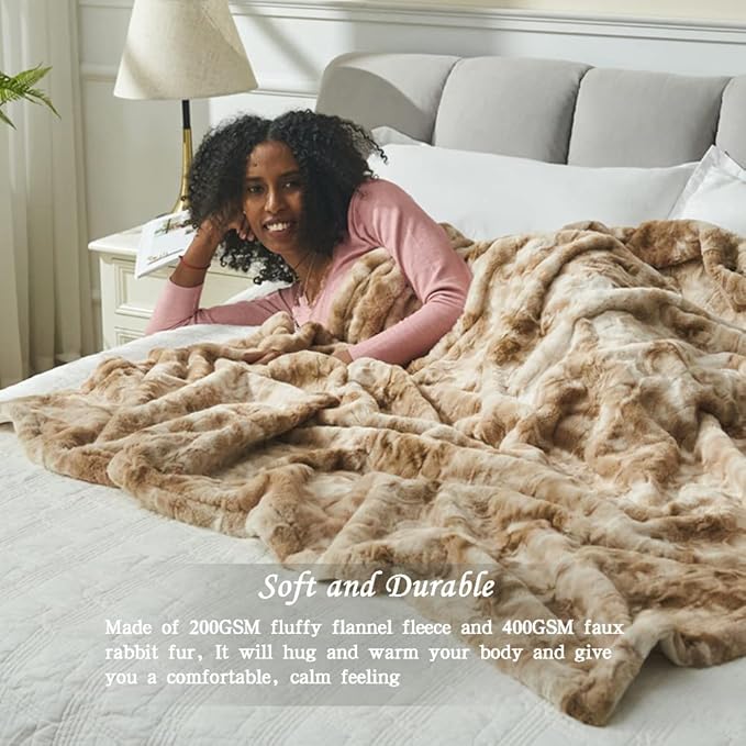 Krifey Oversized Faux Fur Blanket, Super Soft Cozy Blanket, Luxury Fluffy Throw Blanket Fuzzy Bed Throw, Plush for Women, Marbled Beige 60" x 80"