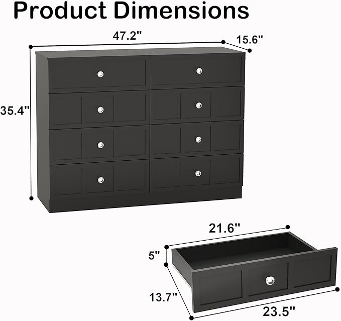 8 Drawer Dresser for Bedroom: 47" Fluted Black Dresser Deep Drawers, Modern Chest of Drawers for Bedroom, Fluted Wood Dressers for Living Room, Hallway