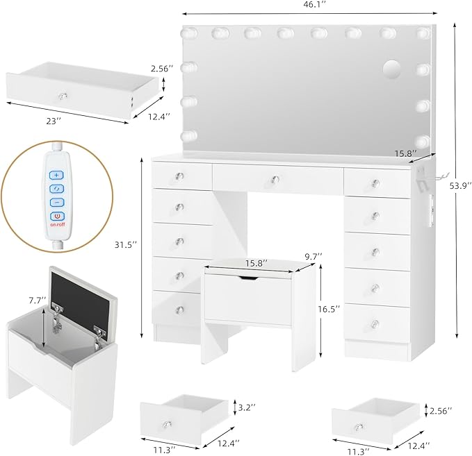 VOWNER Vanity with Lighted Mirror - Makeup Vanity Desk with Lights and 11 Drawers, 3 Color Lighting Modes Adjustable Brightness, 46" Makeup Desk with Soft Cushioned Stool for Bedroom, White